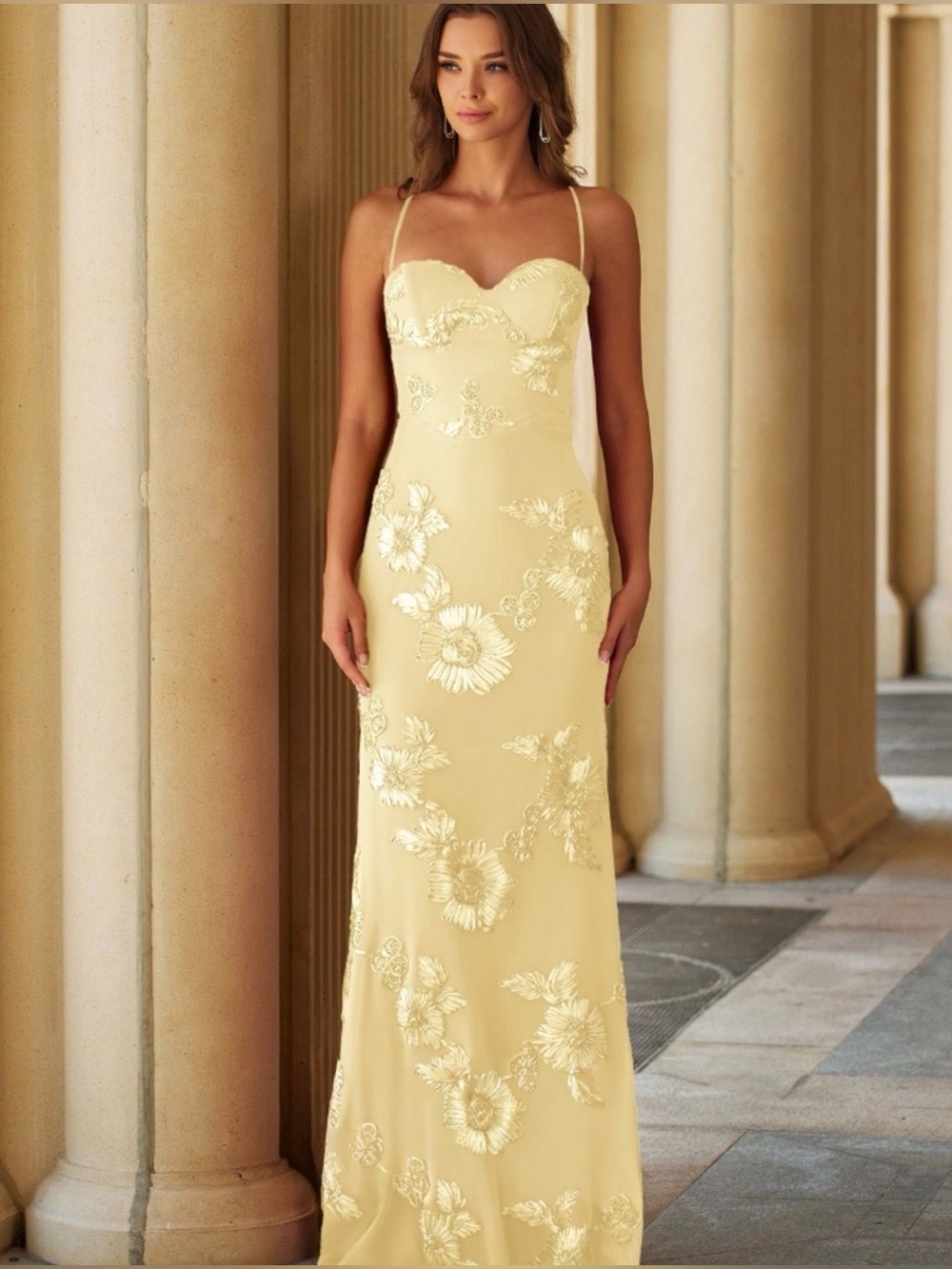 Elegant Butter Yellow Floral Embroidered Maxi Dress